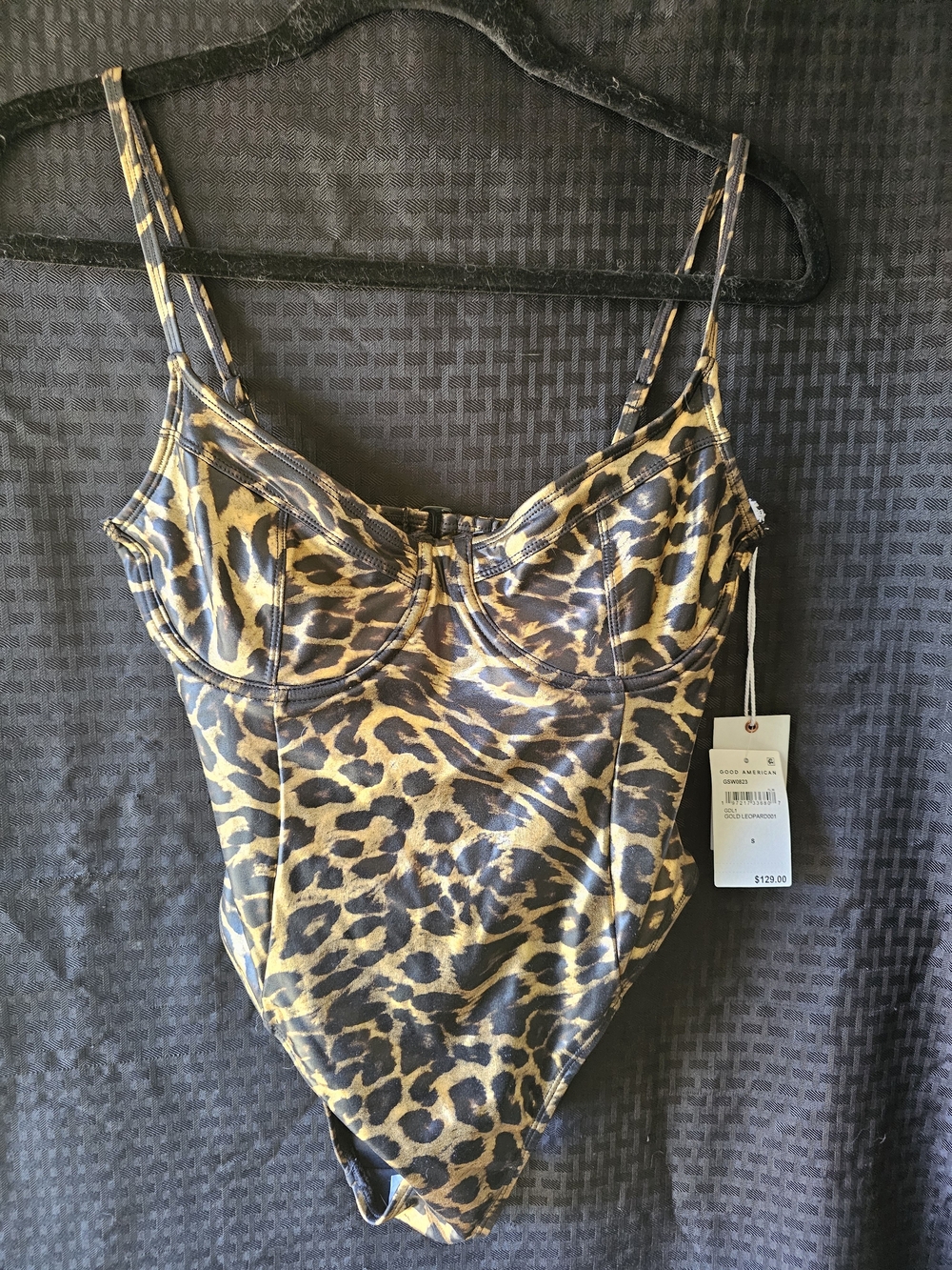 Good American Gold and Black Leopard Print Bustier One-Piece